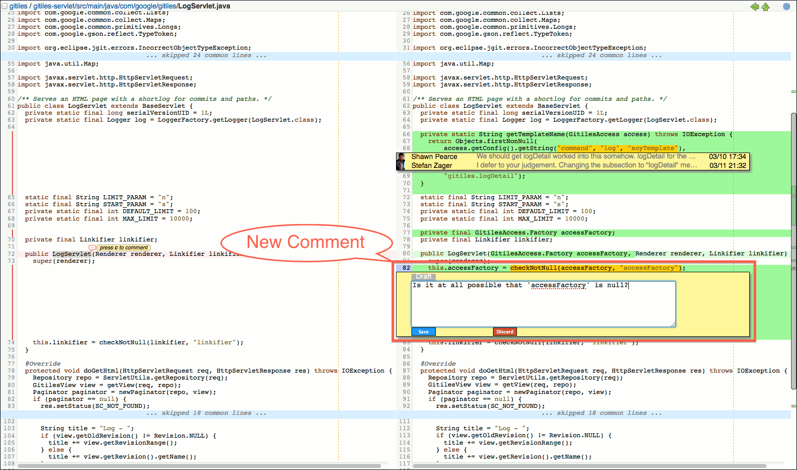 gwt user review ui side by side diff screen commented