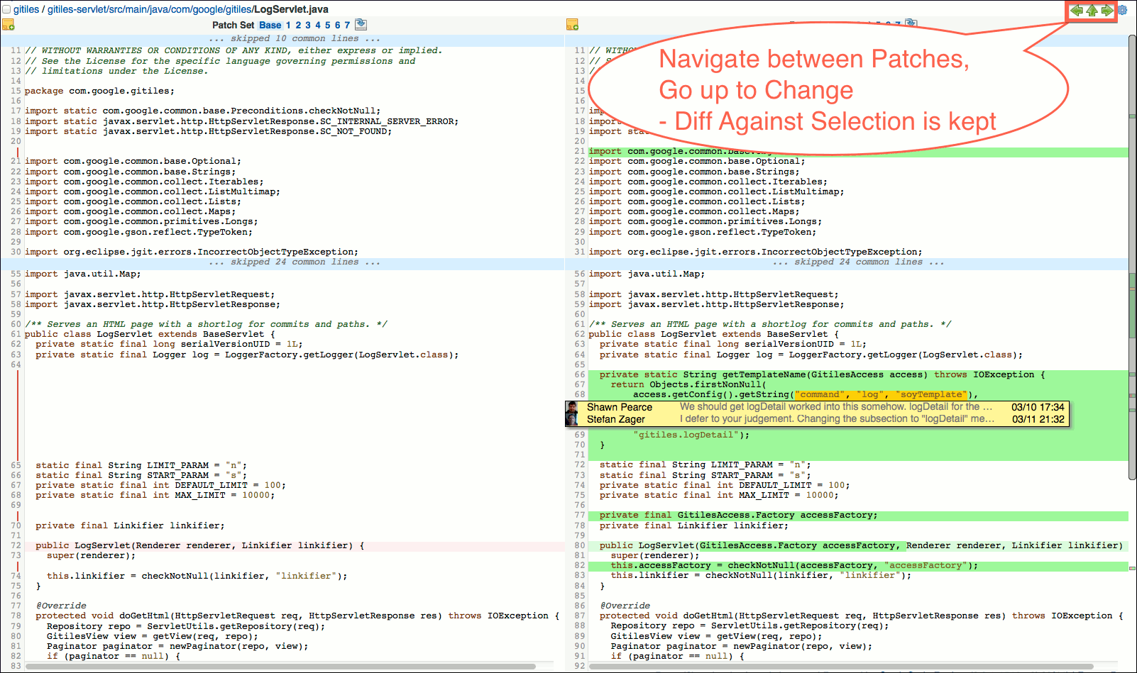 gwt user review ui side by side diff screen navigation