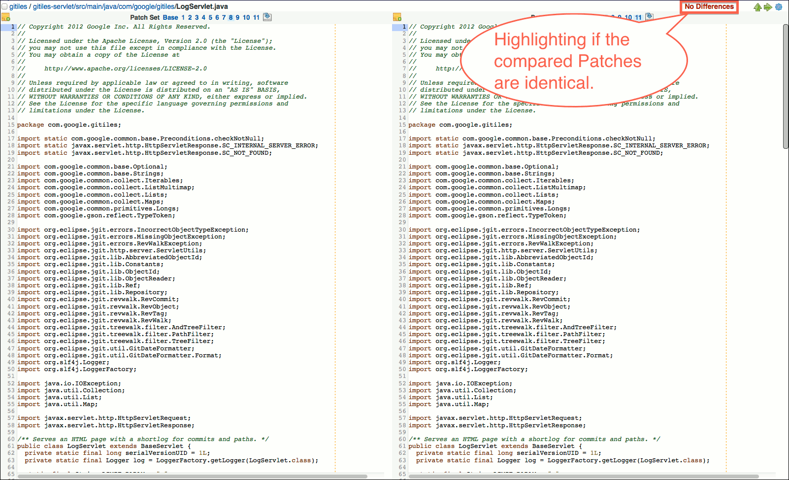 gwt user review ui side by side diff screen no differences