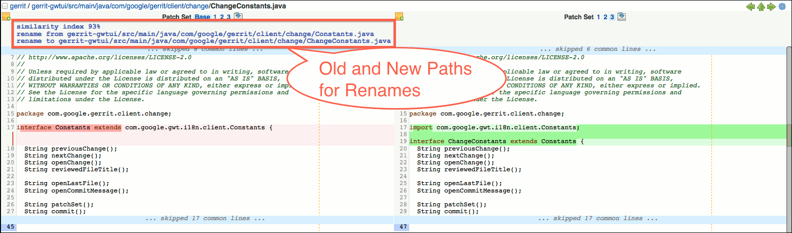 gwt user review ui side by side diff screen rename